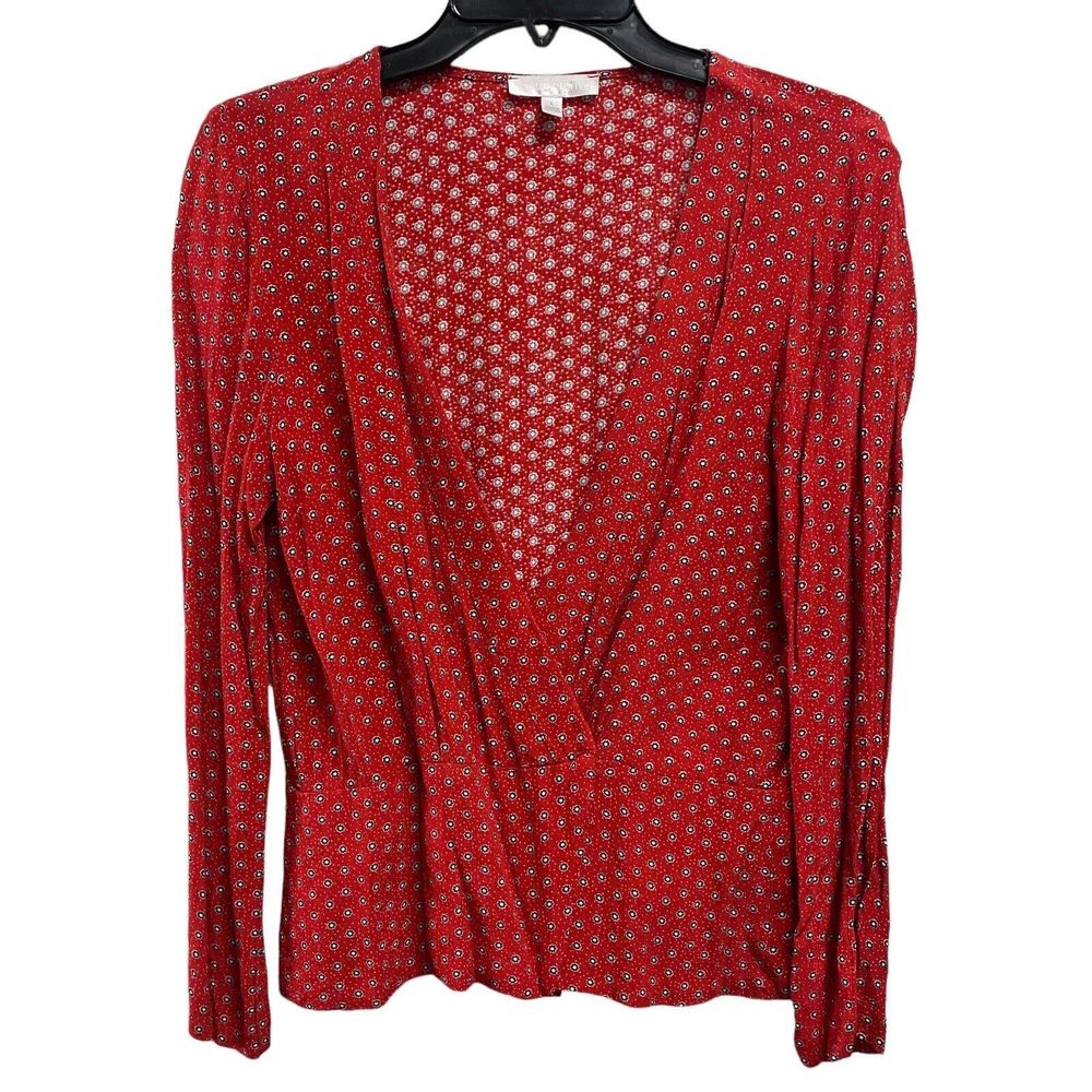 Cooperative Womens Large Red V Neck Wrap Top Long Sleeve Flower Polka Dot